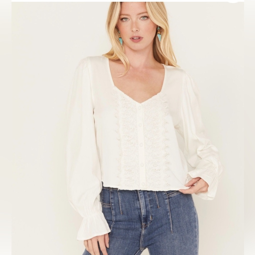 Victorian Coquette Boho Lace Button Down Puff Peasant Ruffle Sleeve Top Size XL